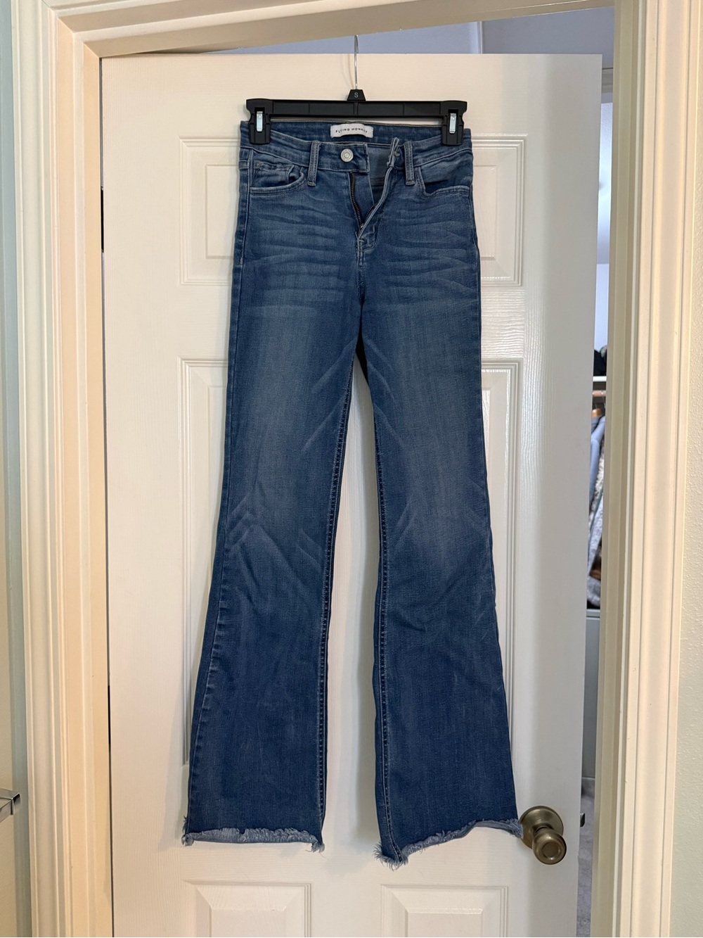 Flying Monkey Mid Blue Flare Jeans - Distressed Hem